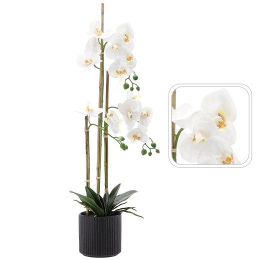 Orchidée blanche artificielle 77 cm dans un pot noir