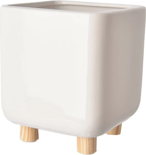 Cache-pot en céramique blanche sur pieds en bois 14 × 14 × 17 cm