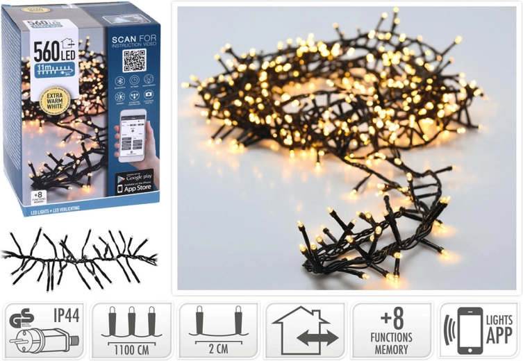 Guirlande LED de Noël 11 m, 560 lumières, blanc chaud, contrôle via application, 8 modes