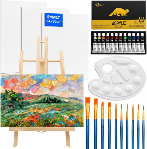 Kit de peinture pour enfants Renew Force avec chevalet, peintures acryliques, pinceaux et toiles - 1 pièce