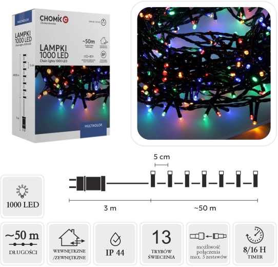 Guirlande lumineuse LED de Noël 1000 diodes multicolore 50 m, intérieur/extérieur - 1 pièce