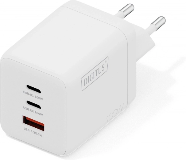 Chargeur mural USB GaN 100 W, 2× USB‑C et 1× USB‑A, blanc