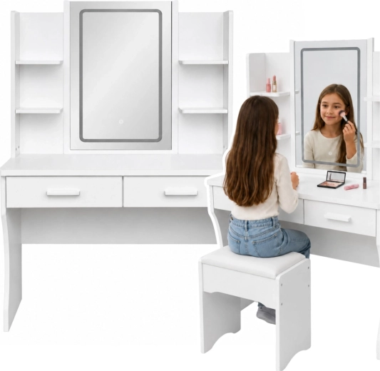 Coiffeuse cosmétique blanche avec miroir LED, étagères et 2 tiroirs 140 × 80 × 40 cm