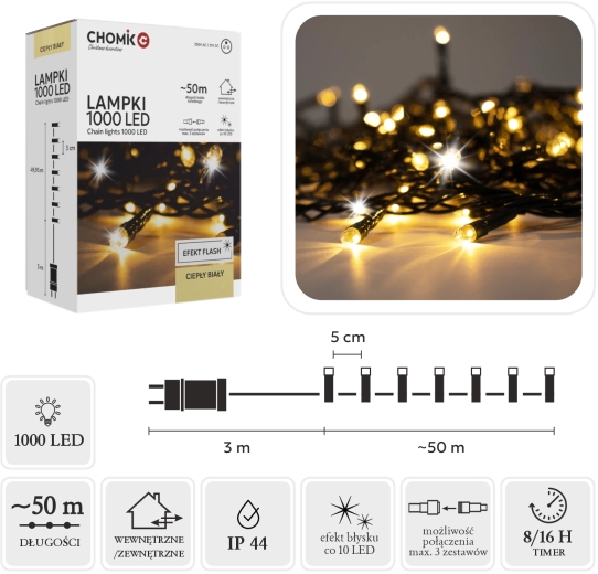 Guirlande lumineuse LED 1000 LED blanc chaud + flash froid 53 m (câble d’alimentation 3 m) pour usage intérieur et extérieur