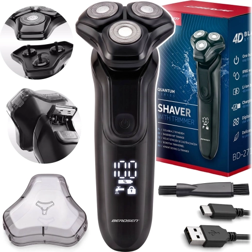 Rasoir électrique rotatif Berdsen avec tondeuse IPX6 et USB‑C