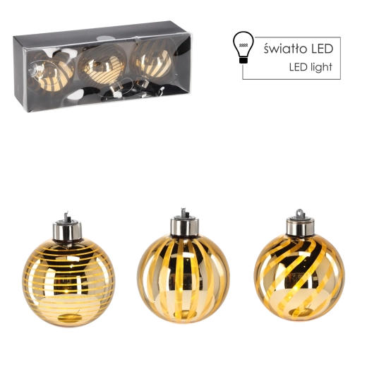 Set de boules de Noël en verre doré avec LED, 8 cm, 3 pièces