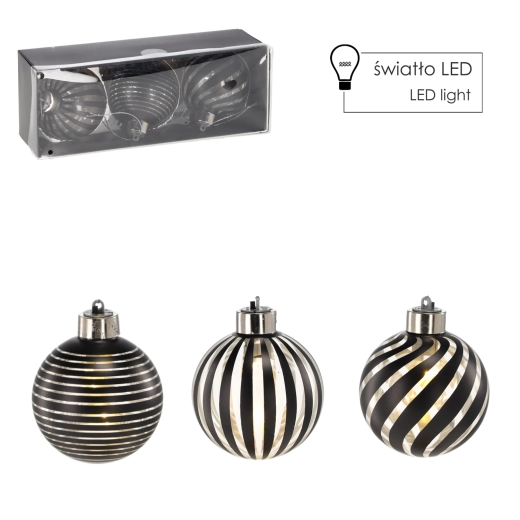 Set de boules de Noël en verre avec éclairage LED argenté 8 cm (3 pcs) Chomik