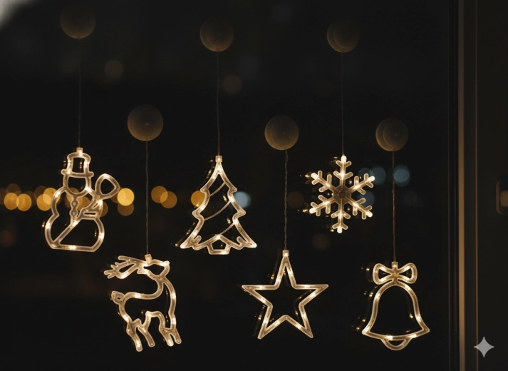 Décoration LED de fenêtre de Noël avec ventouse, à piles, blanc chaud, assortiment de 6 formes