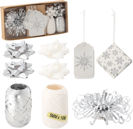 Coffret de Noël pour emballage de cadeaux – argent/blanc, 12 pièces