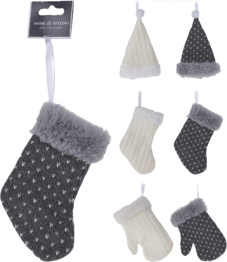 Décoration de Noël suspendue moufle, chaussette et bonnet 15 cm – blanc et gris