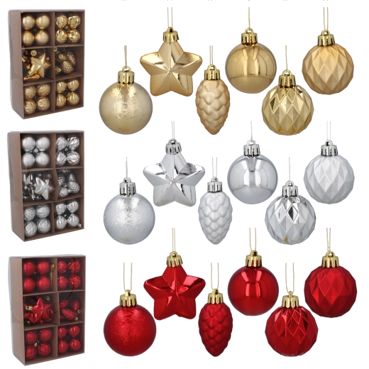 Set de 47 décorations de Noël en rouge, or et argent (4–6 cm)