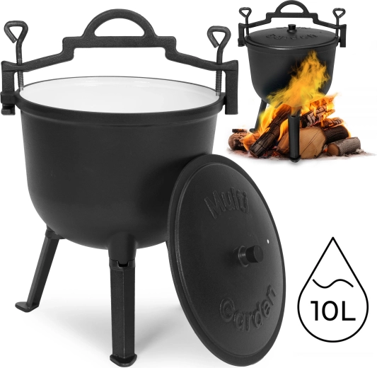 Chaudron en fonte émaillée 10 l pour feu avec couvercle et trépied MULTIGARDEN