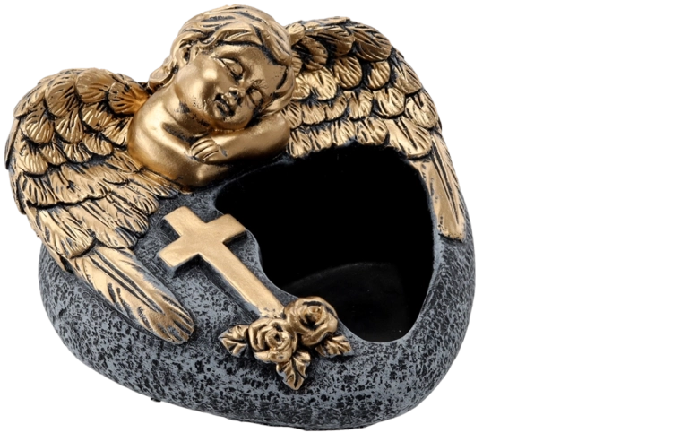 Jardinière funéraire en ciment avec ange, gris foncé avec ornements dorés 16 × 17,5 × 11 cm