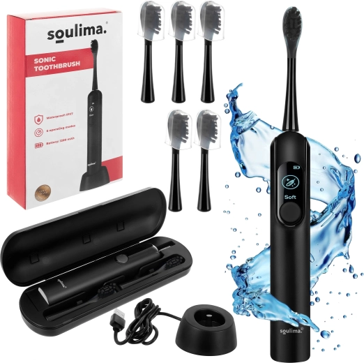 Brosse à dents électrique sonique Soulima X800 noire avec recharge par induction et 6 têtes