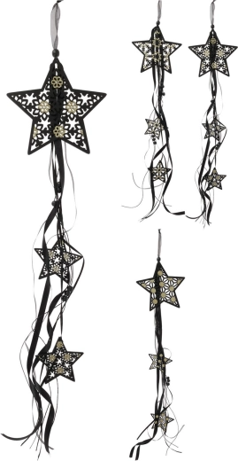 Étoile en bois à suspendre avec rubans 16 cm – décoration noir‑or
