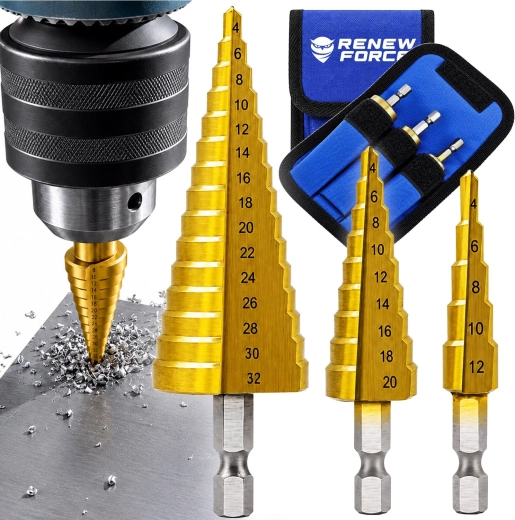 Kit de forets étagés en titane HSS RENEW FORCE 4–32 mm avec tige hexagonale