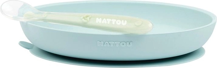 Nattou set de repas en silicone 2 pcs assiette et cuillère menthe sans BPA