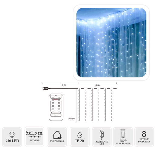 Rideau lumineux LED suspendu 240 LED blanc froid 5 × 1,5 m avec USB et télécommande