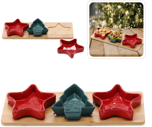 Coffret de Noël de bols en céramique sur plateau en bambou