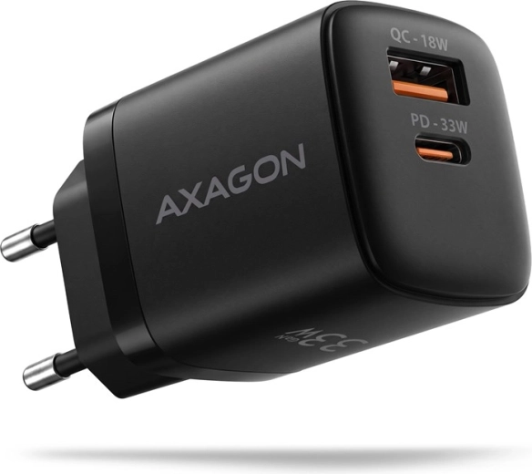Chargeur secteur AXAGON GaN 33 W avec 2 ports USB-C et USB-A, noir