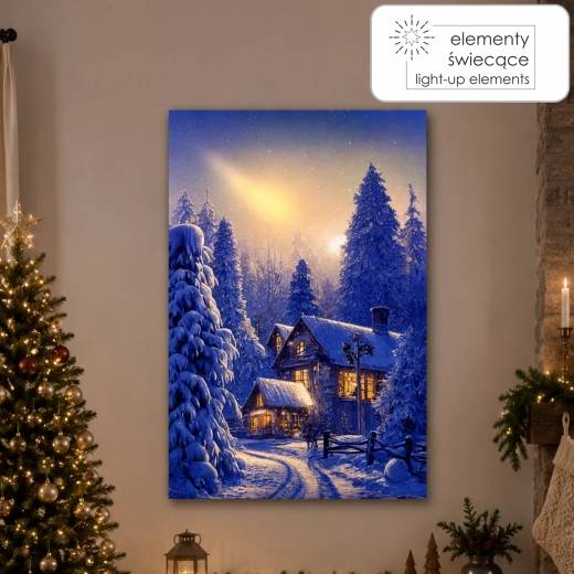 Tableau sur toile avec éclairage LED – maison d’hiver dans la forêt 40 × 60 × 3,2 cm - 1 pièce
