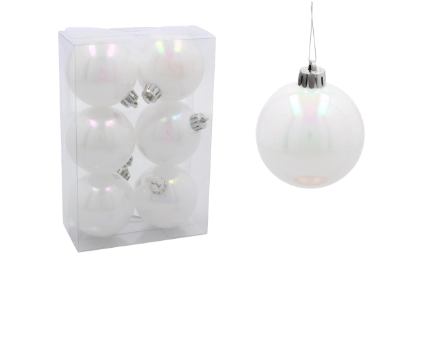 Boules de Noël blanches nacrées en plastique 6 cm – lot de 6 pièces