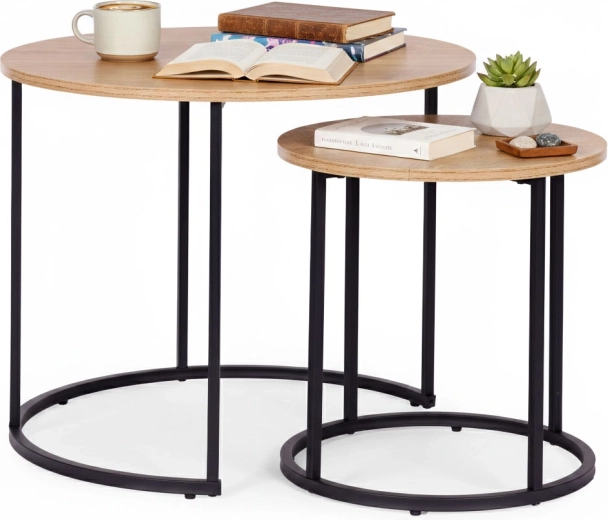 Ensemble de deux tables basses rondes en chêne clair style loft ModernHome