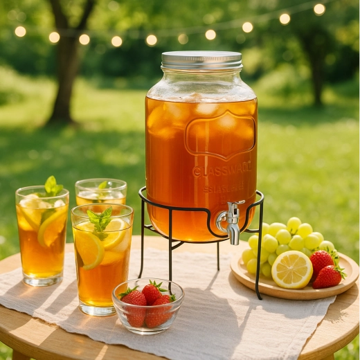 Distributeur de boissons en verre 4 l avec robinet et couvercle en métal sur support