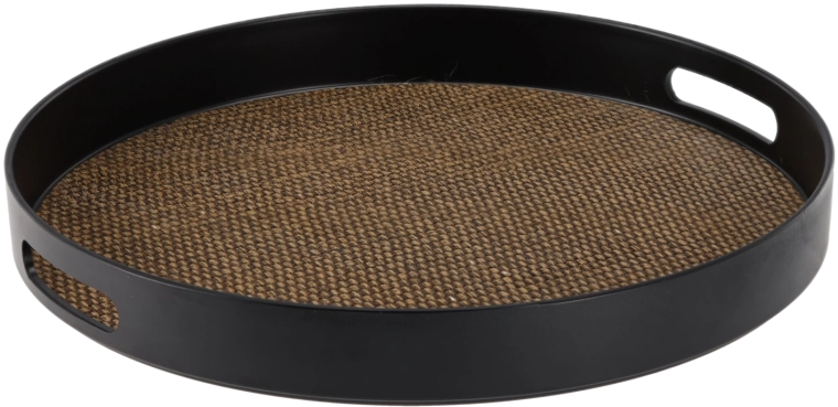Plateau de service rond avec poignées, noir avec décor en jute, 35 × 35 × 4 cm