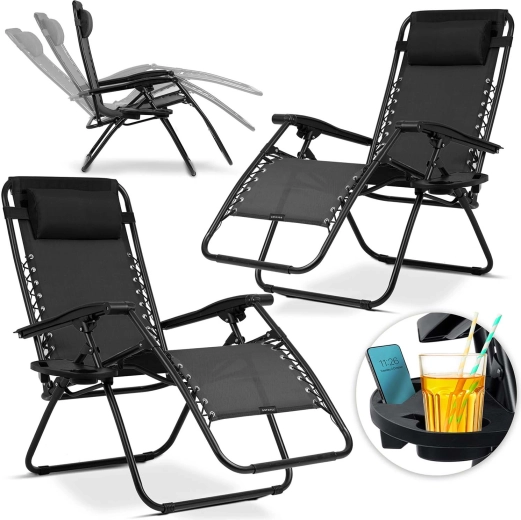 Chaises longues de jardin gravitationnelles pliantes avec coussin et tablette, lot de 2, noir