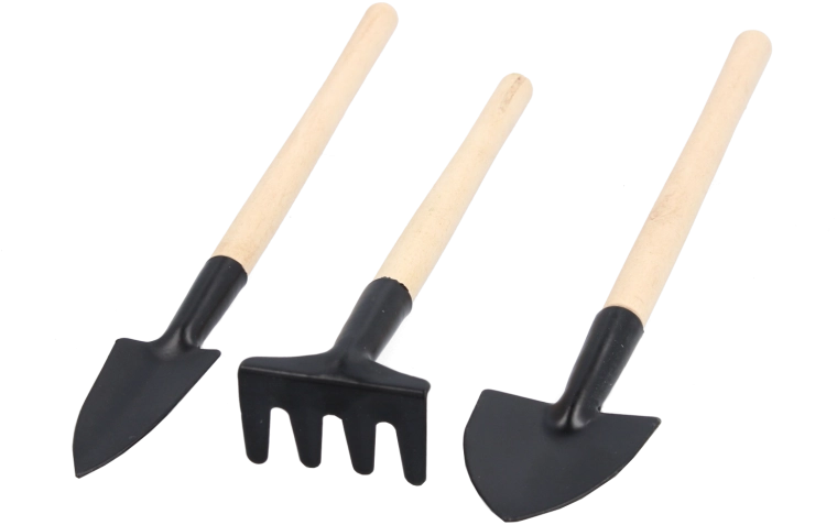 Ensemble d’outils de jardin – pelle, transplantoir et griffe à manche en bois