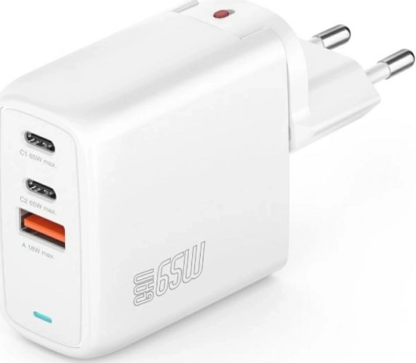 Chargeur secteur GaN Flex 65 W, 2× USB‑C + 1× USB‑A, blanc