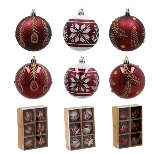 Set de 6 boules de Noël bordeaux 8 cm en plastique incassable