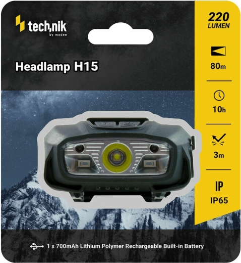 Technik MT-H15 lampe frontale avec revêtement caoutchouté et lumière rouge