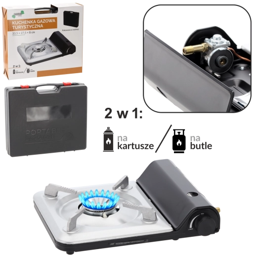 Réchaud à gaz de camping 2-en-1 pour cartouches et bouteilles 3,5 kW
