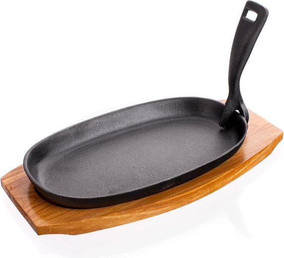 Poêle ovale en fonte 23 × 14 cm avec planche en bois GRADA