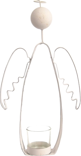 Ange décoratif sur bougeoir blanc en métal et verre 28 cm