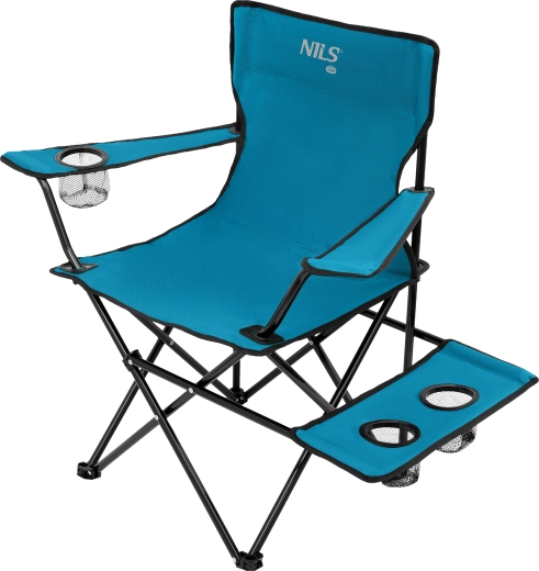 Chaise de camping pliable NILS Camp avec tablette latérale et porte-gobelets, bleu-gris