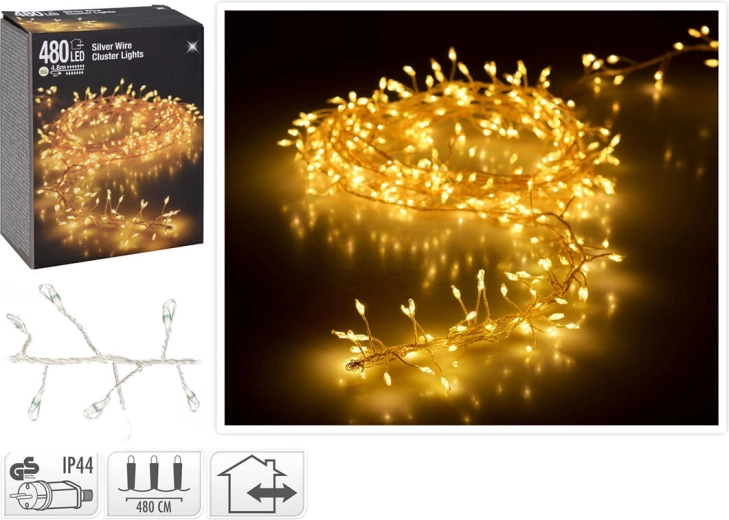 Guirlande lumineuse LED de Noël 4,8 m, 480 diodes, blanc chaud, fil argenté