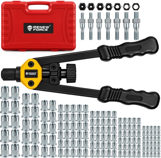 RENEW FORCE riveteuse manuelle à levier pour écrous à sertir M3–M12 avec set de 150 pcs, ébavureur et mallette