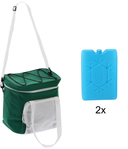 Sac isotherme 14 l vert‑blanc avec deux blocs réfrigérants