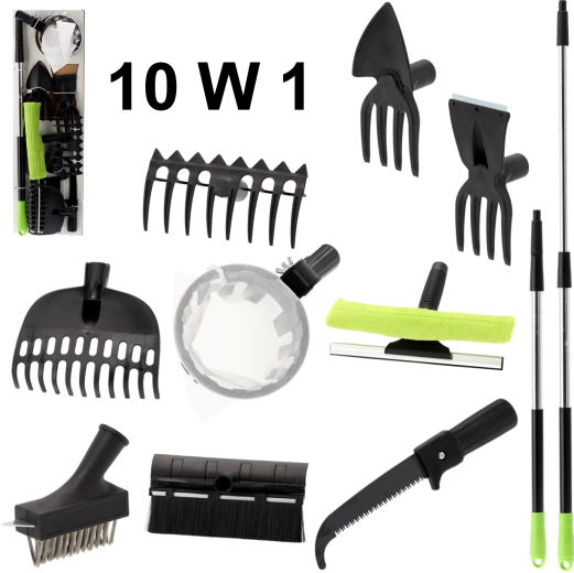 Kit d’outils de jardin 10-en-1 avec manche télescopique