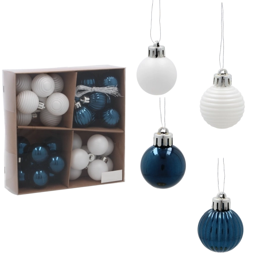 Set de boules de Noël 3 cm bleu foncé et blanc – collection Bleu d’hiver (32 pcs)