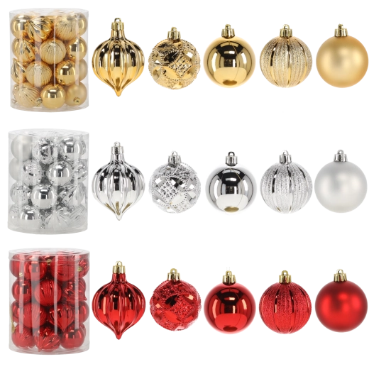 Set de boules de Noël 6 cm – rouges, dorées et argentées (26 pcs)