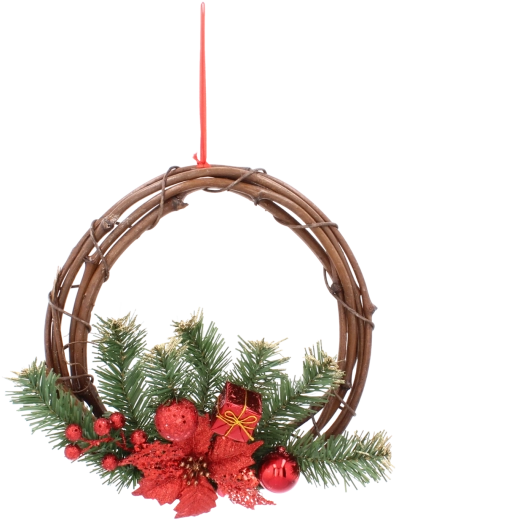 Couronne de Noël suspendue en rotin rouge 30 cm