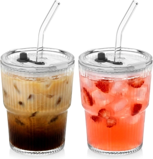 Verres tumbler en verre avec couvercle et paille 340 ml, lot de 2