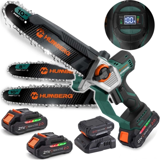 Humberg HM-437 mini tronçonneuse à chaîne sans fil avec guide 10" et 8" (2× 21 V 2,0 Ah)