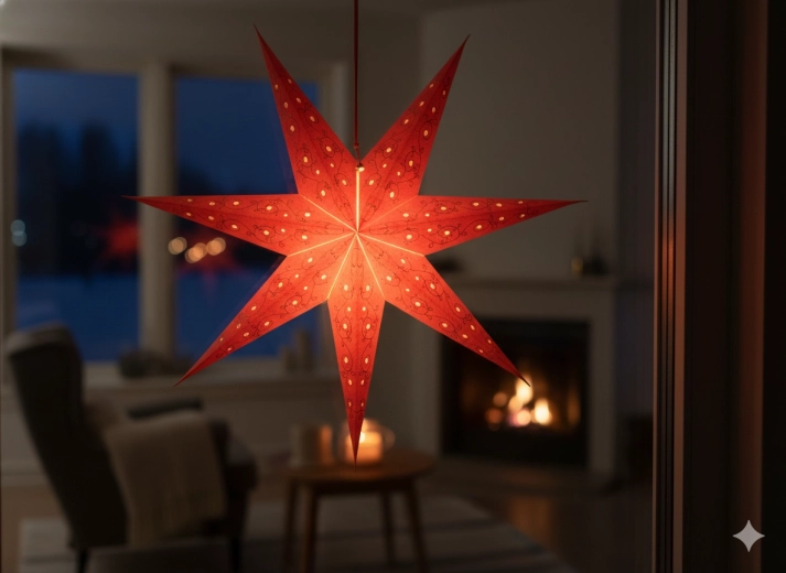 Étoile de Noël en papier 60 cm rouge avec broderie dorée