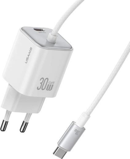 USAMS série JC CC264 chargeur rapide GaN 30 W avec câble USB‑C intégré (blanc)