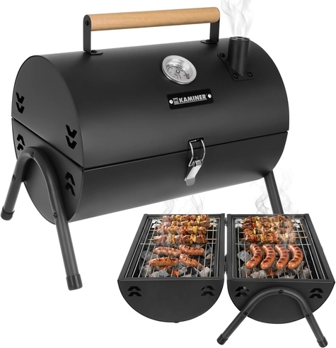 Barbecue à charbon de jardin portable avec couvercle et thermomètre KAMINER